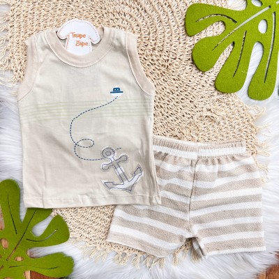 Conj. Regata Ancora e Bermuda Listrada em Linho - Areia